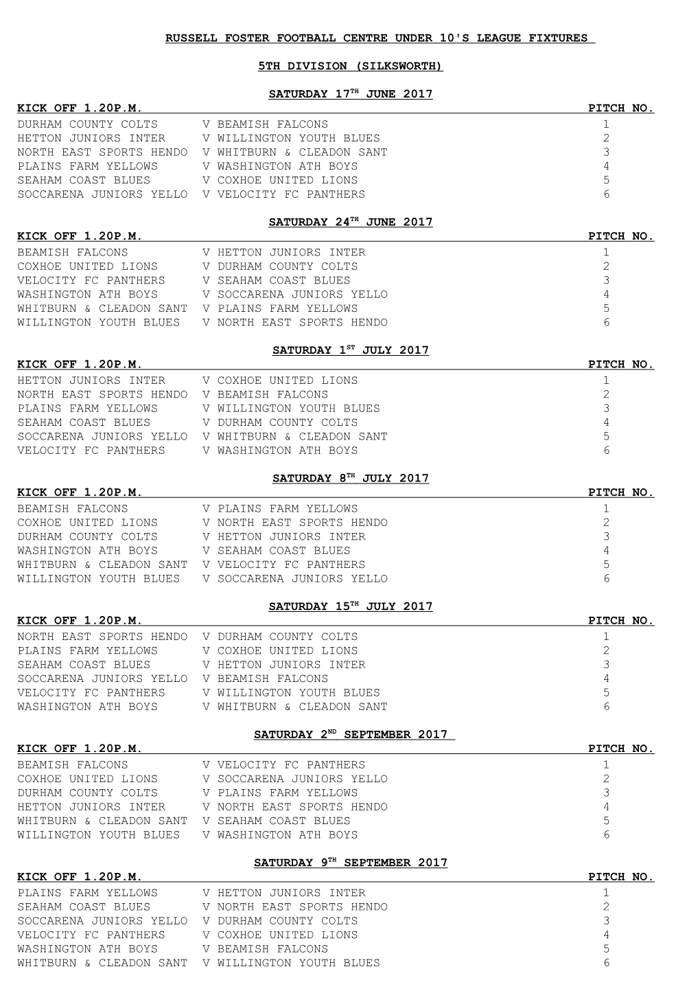 Russell Foster Football Centre Under 10'S League Fixtures