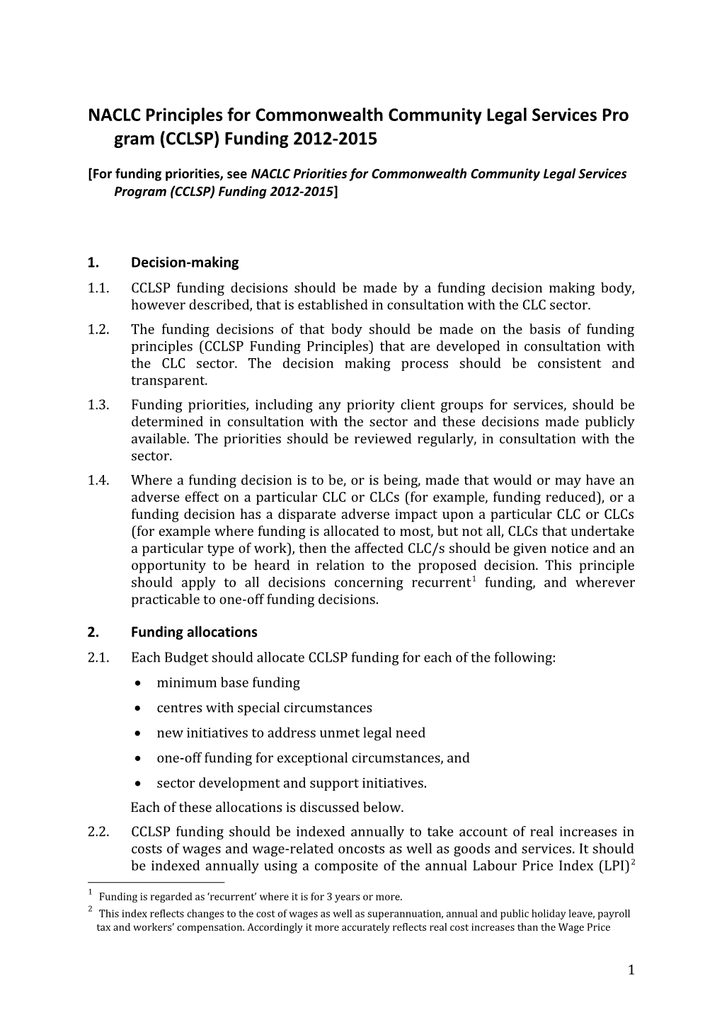 NACLC Principles for Commonwealth Community Legal Services Program (CCLSP) Funding 2012-2015