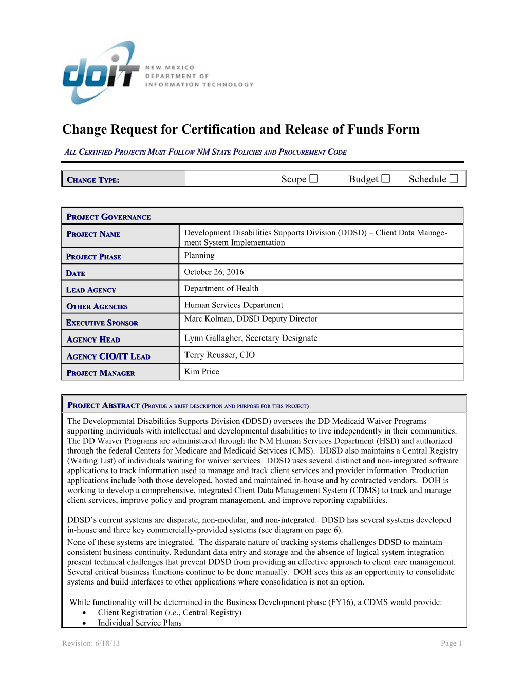 Change Request for Certification and Release of Funds Form s1