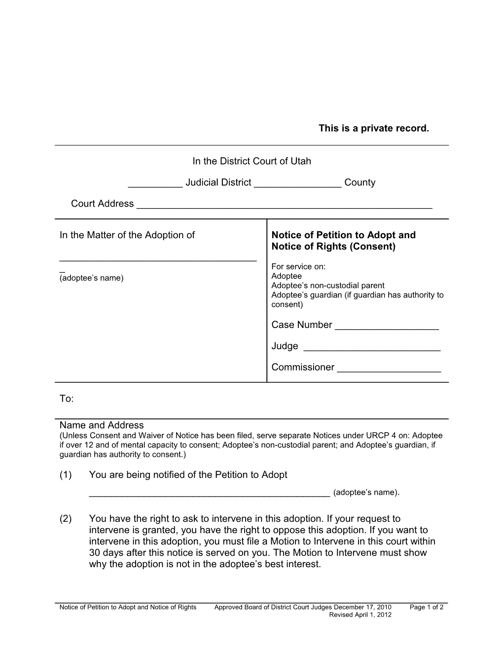 Notice of Petition to Adopt and Notice of Rights (Consent)