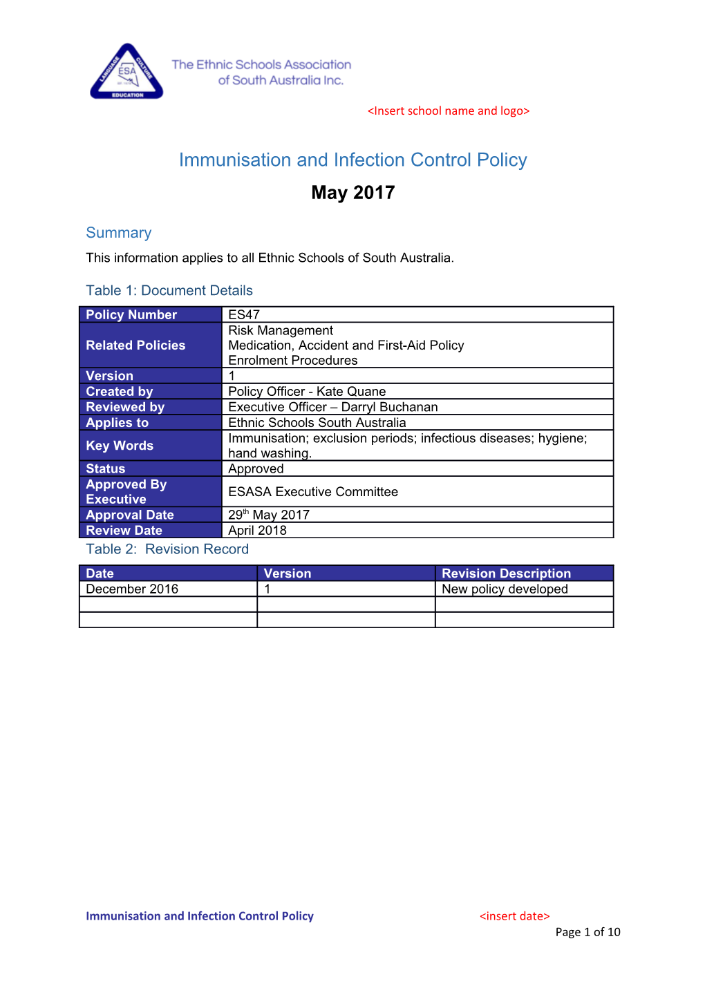 Immunisation and Infection Control Policy