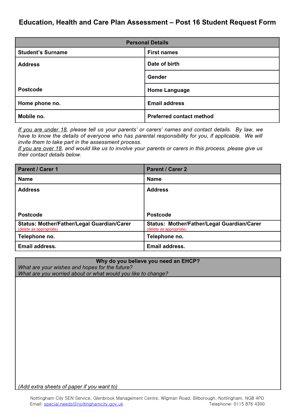Education, Health and Care Plan Assessment Post 16 Student Request Form