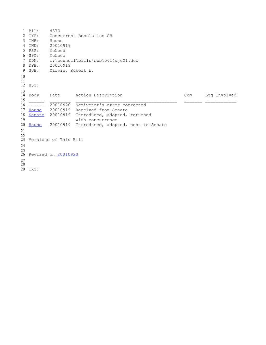 2001-2002 Bill 4373: Marvin, Robert E. - South Carolina Legislature Online