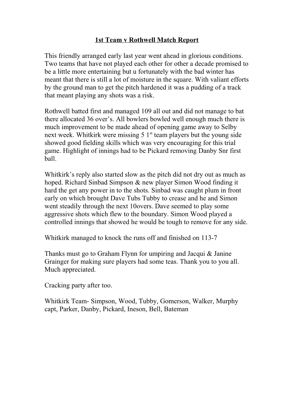 1St Team V Rothwell Match Report