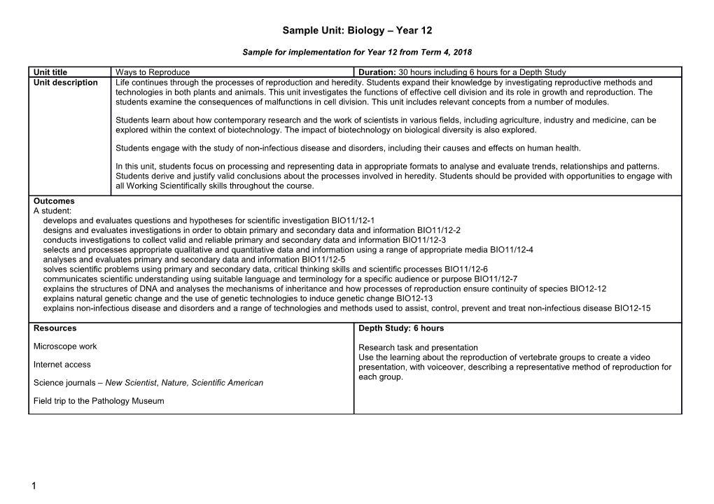 Sample for Implementation for Year 12 from Term 4, 2018