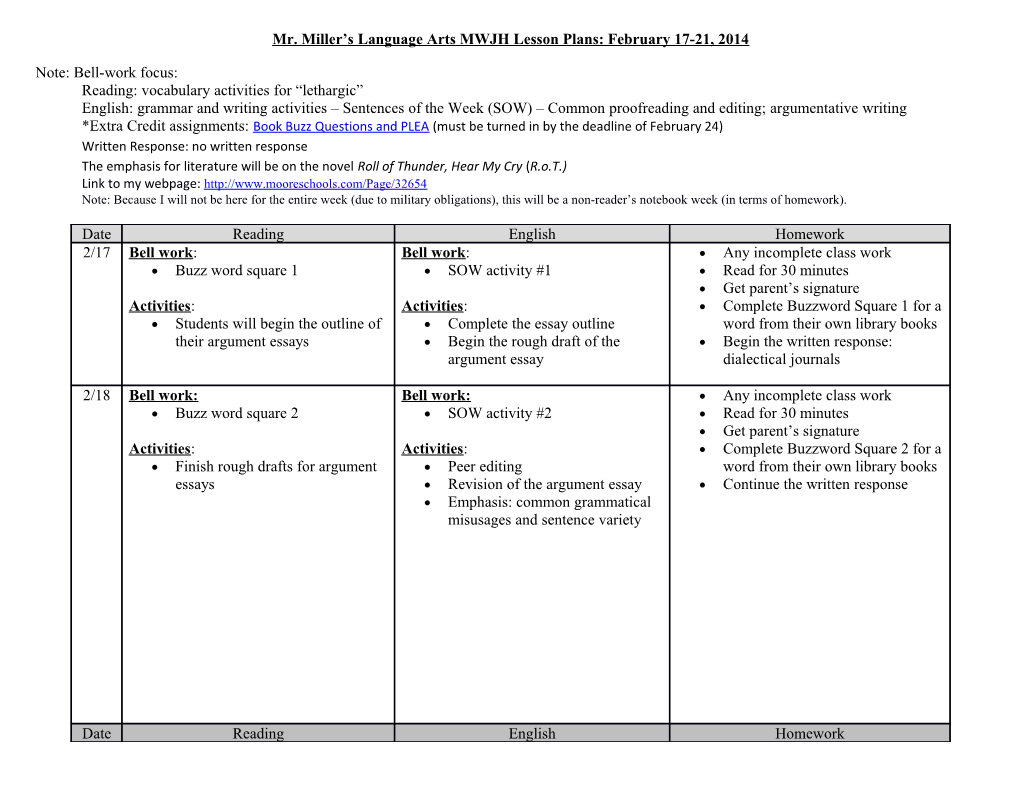 Mr. Miller S Language Arts MWJH Lesson Plans: February 17-21, 2014