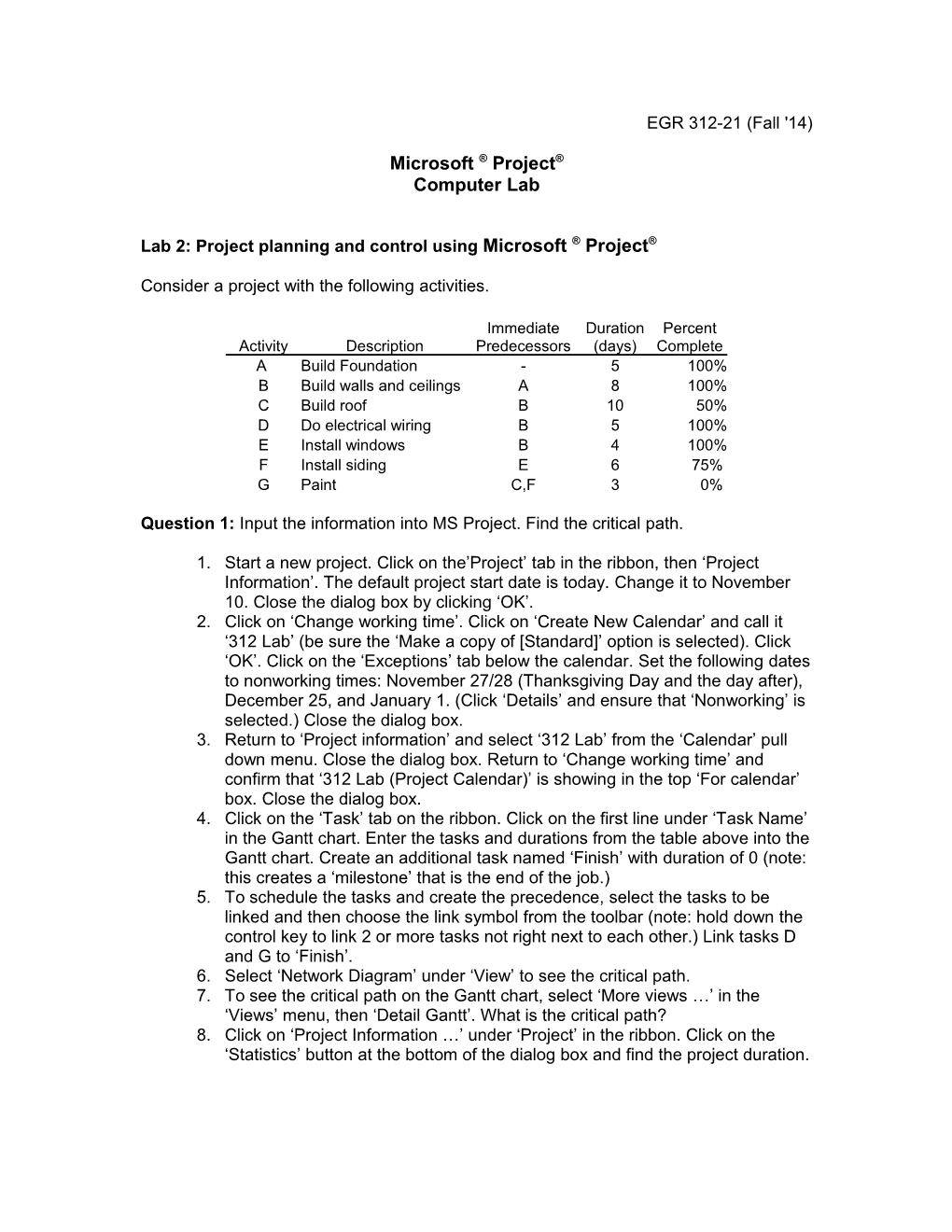 Lab 2: Project Planning and Control Using Microsoft Project