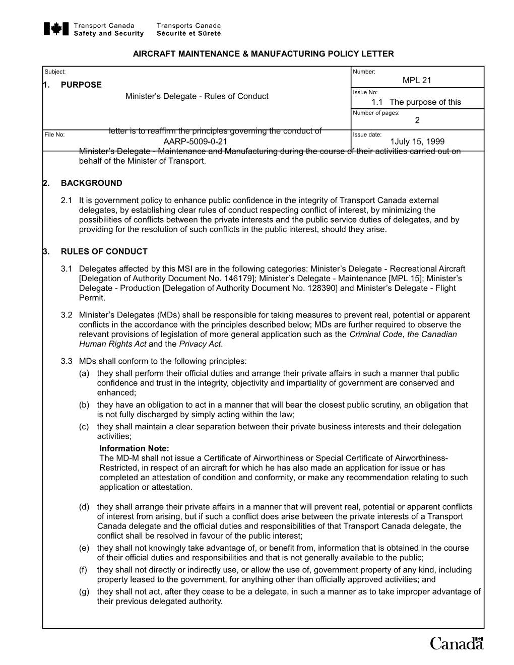 MPL 21 Rule of Conduct - Ministers Delegates Maintenance and Manufacturing