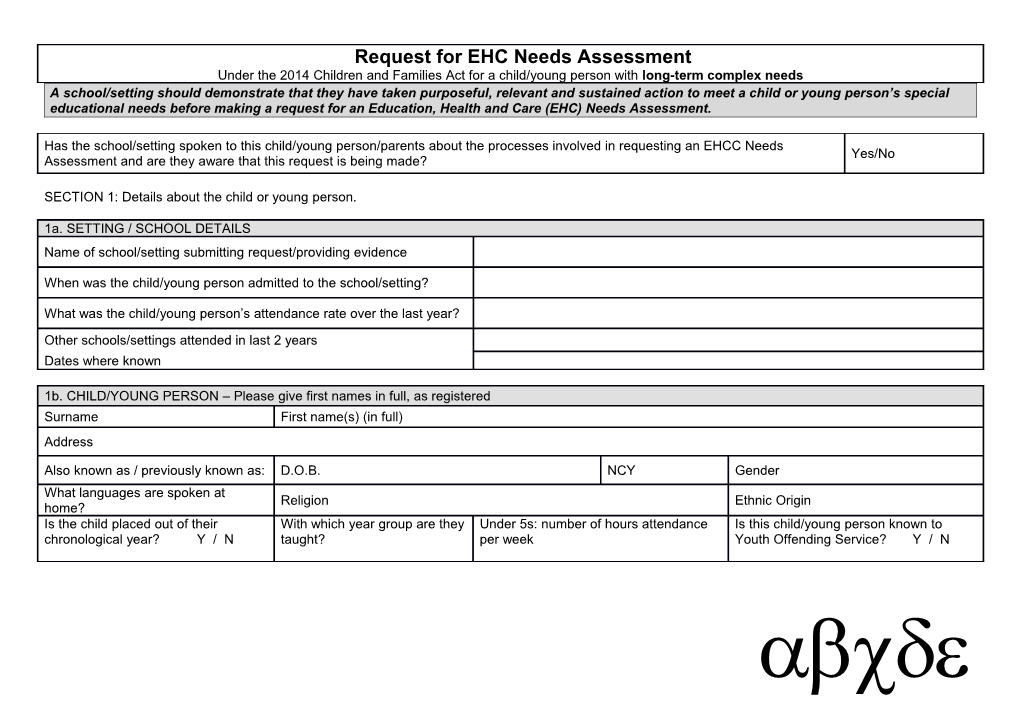 SECTION 1: Details About the Child Or Young Person