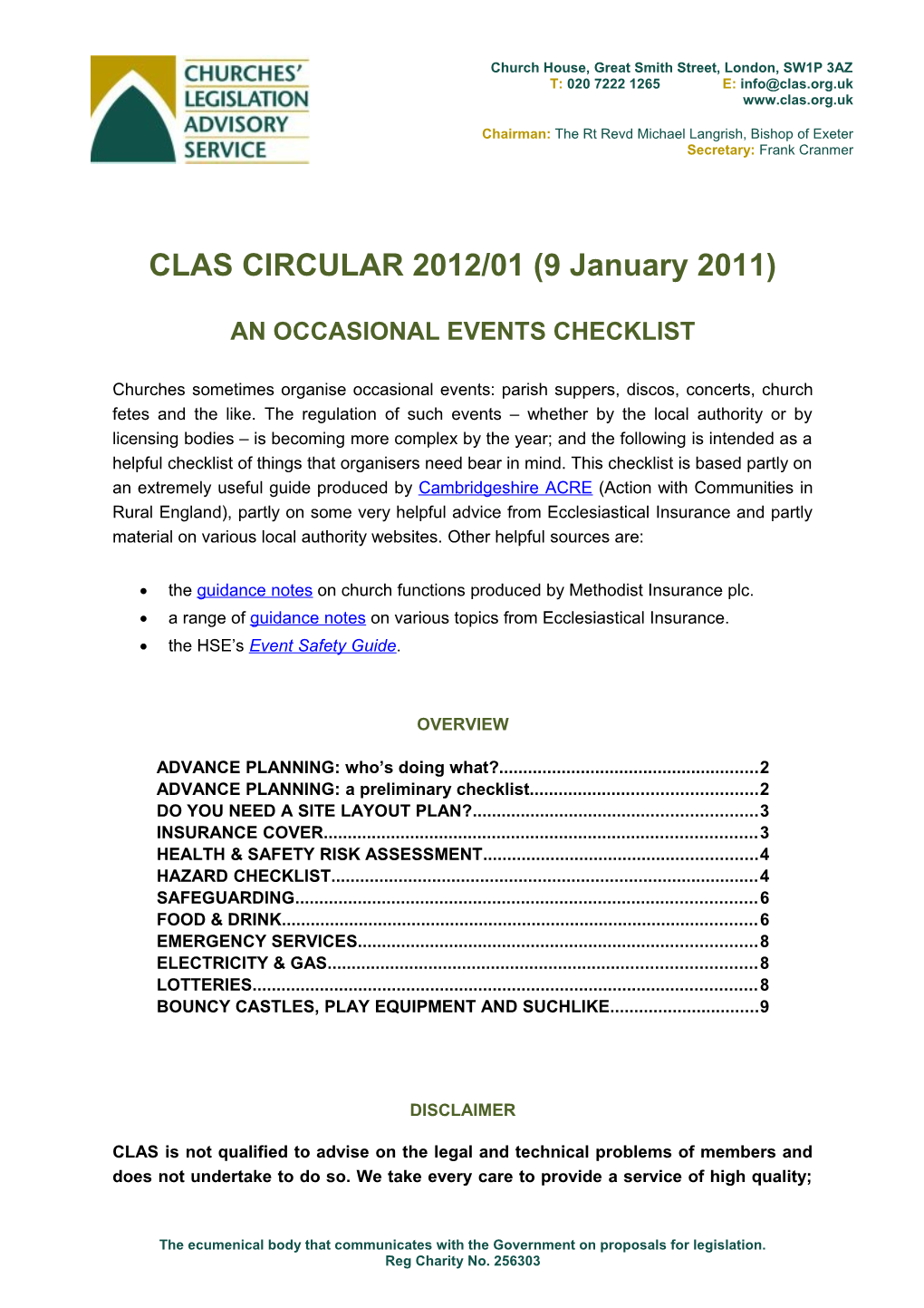 Churches Legislation Advisory Service 2012/01: Occasional Events Checklist