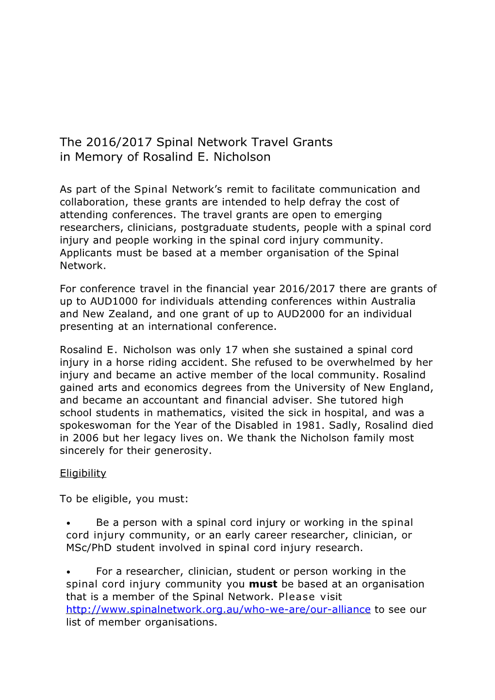 The 2016/2017 Spinal Network Travel Grants
