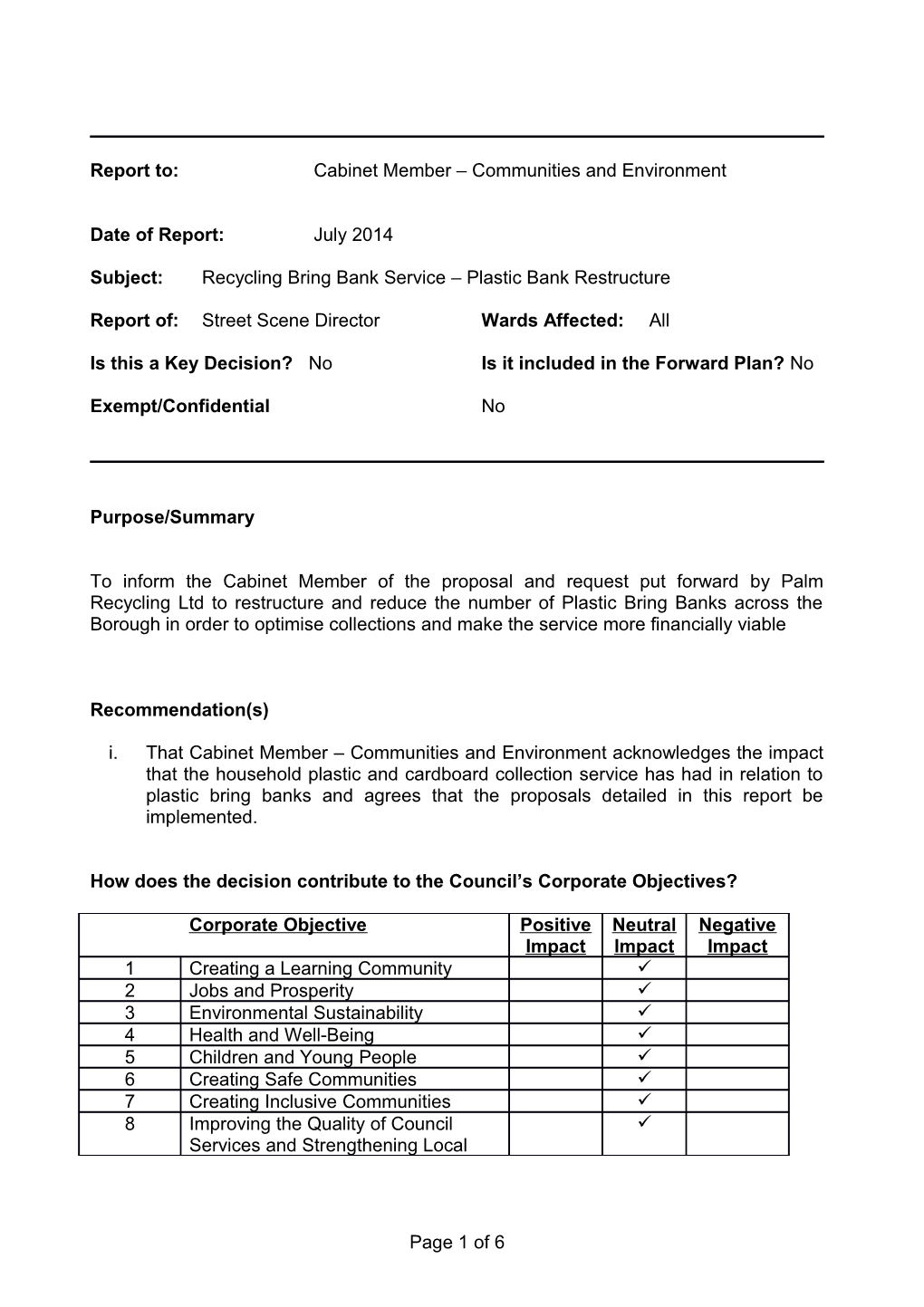 Report To:Cabinet Member Communities and Environment