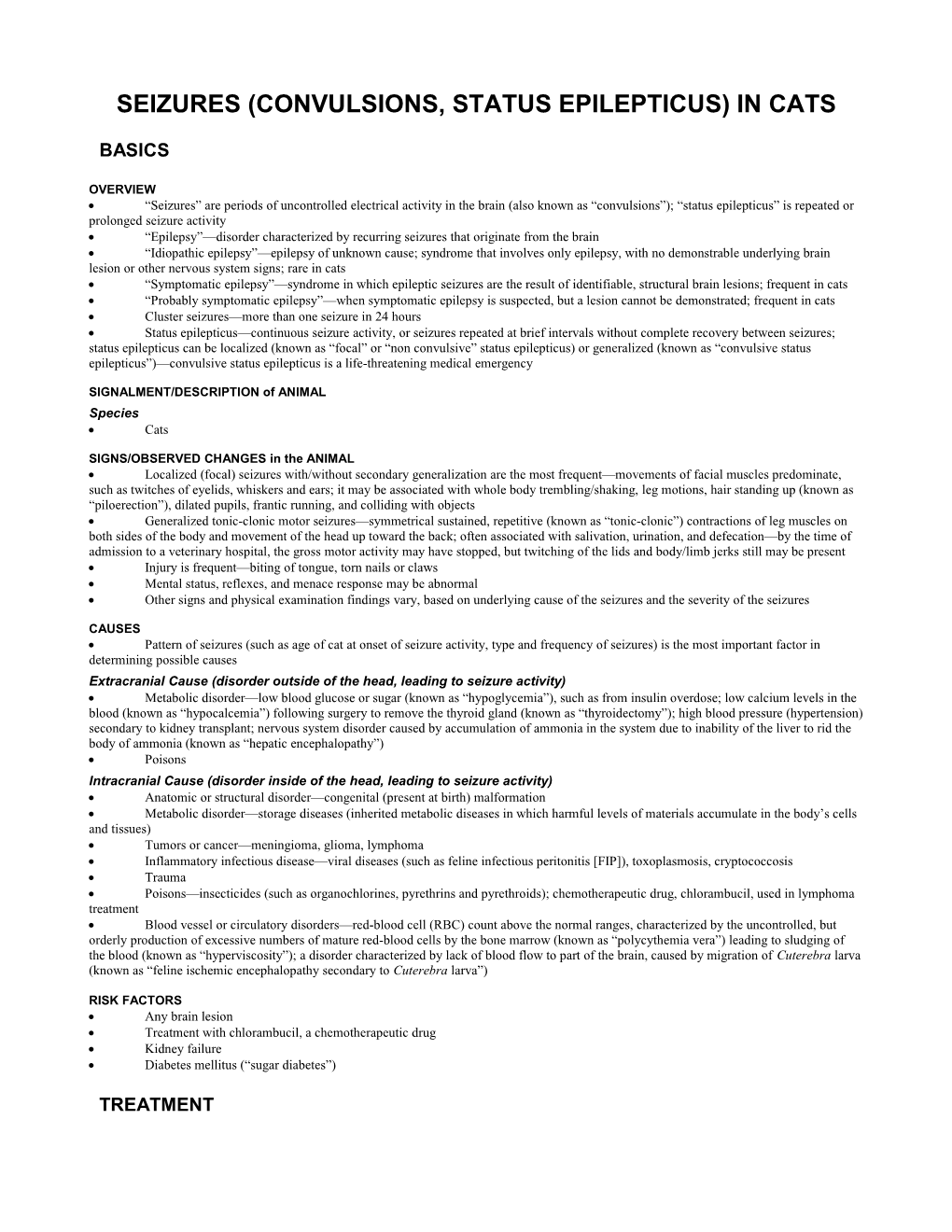 Seizures (Convulsions, Status Epilepticus) in Cats