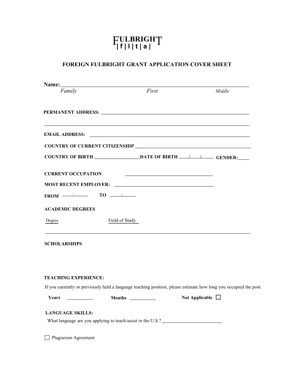 Foreign Fulbright Grant Application Cover Sheet