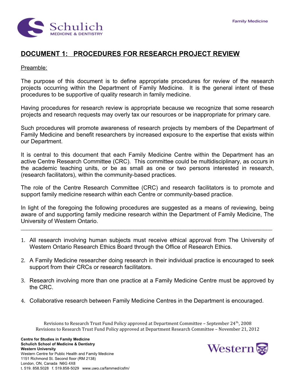 DOCUMENT 1: PROCEDURES for RESEARCH PROJECT REVIEW Page 1 of 2