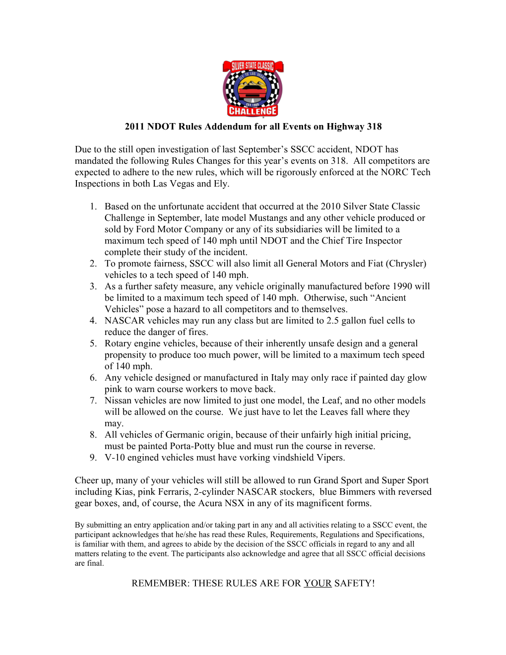 Tech Inspection Addendum for All 2011 Events on Highway 318