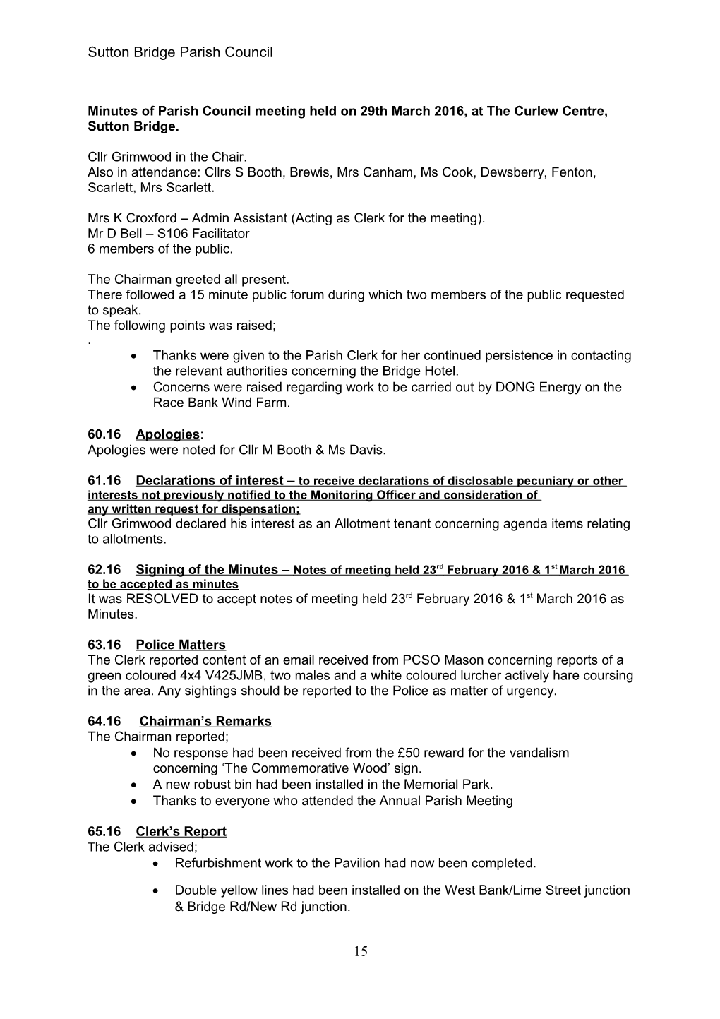 Minutes of the Parish Council Meeting Held on 27Th March 2012 at the Curlew Centre, Sutton