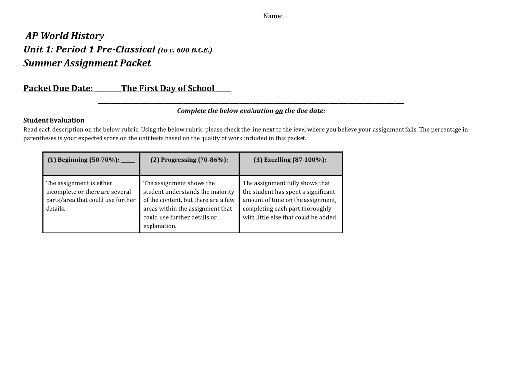 Era 1 Homework Packet Instructions