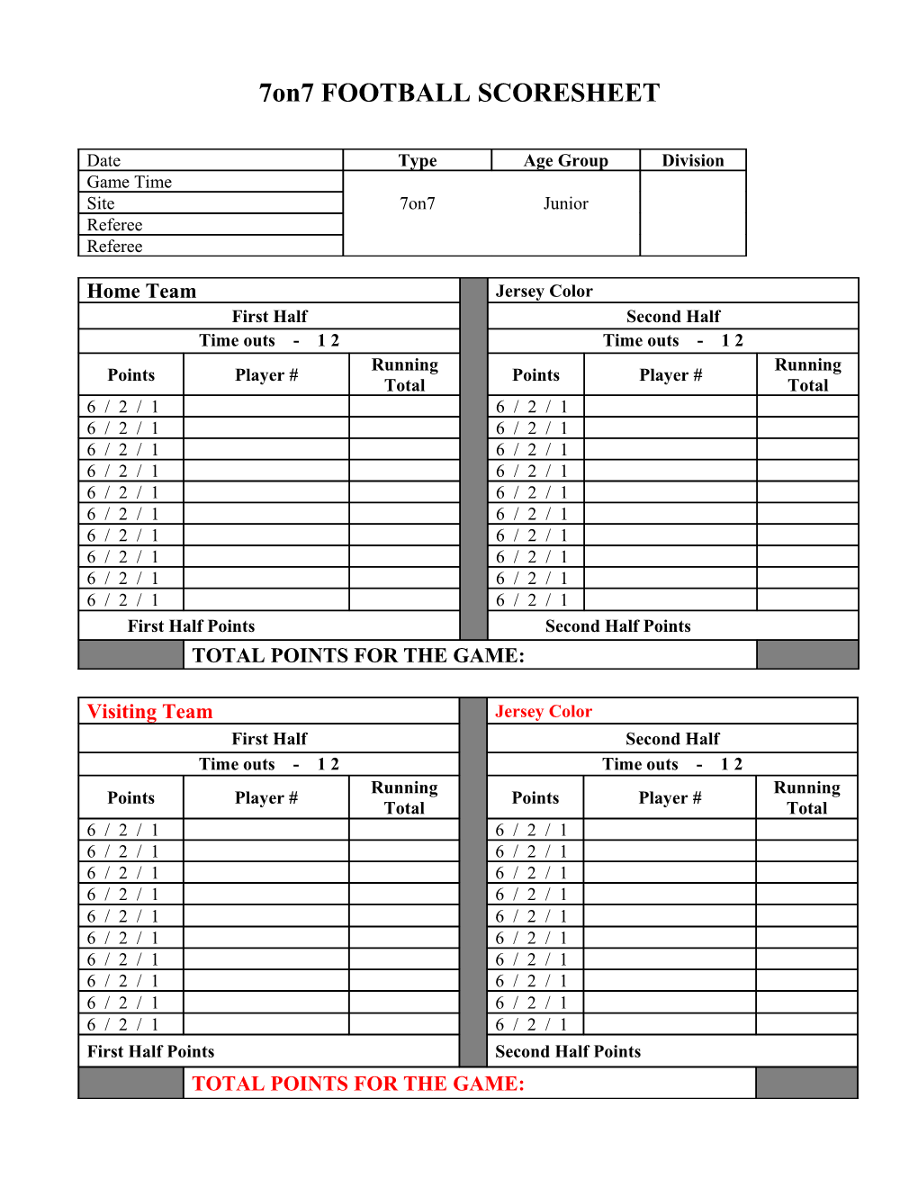 Flag Football Scoresheet