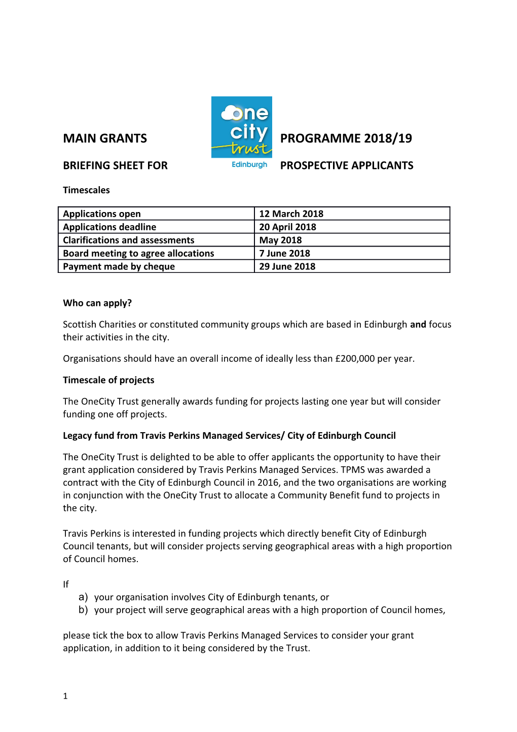 Briefing Sheet for Prospective Applicants