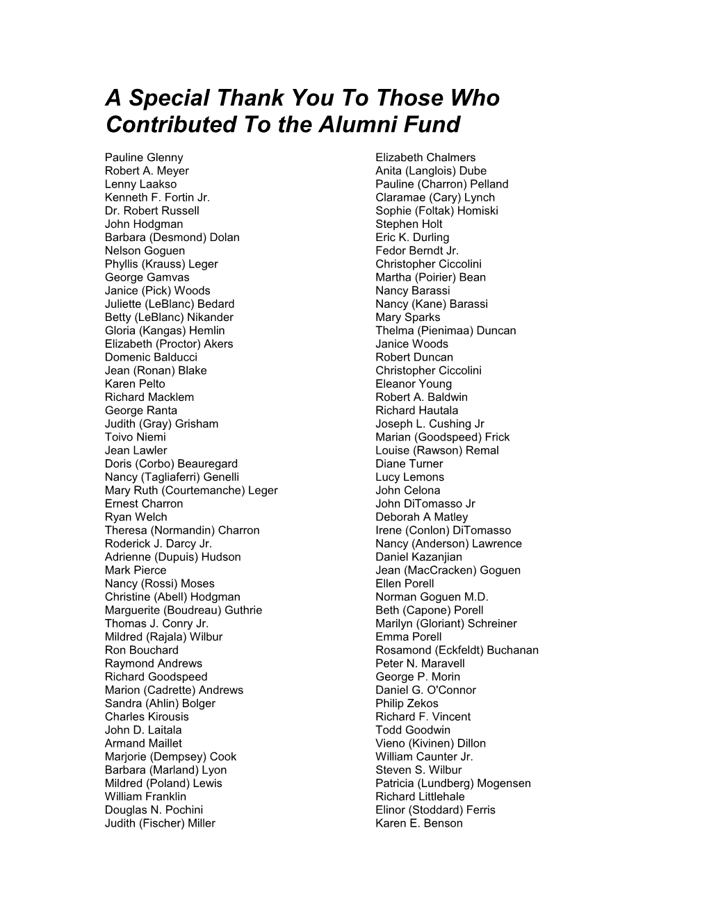 A Special Thank You to Those Who Contributed to the Alumni Fund