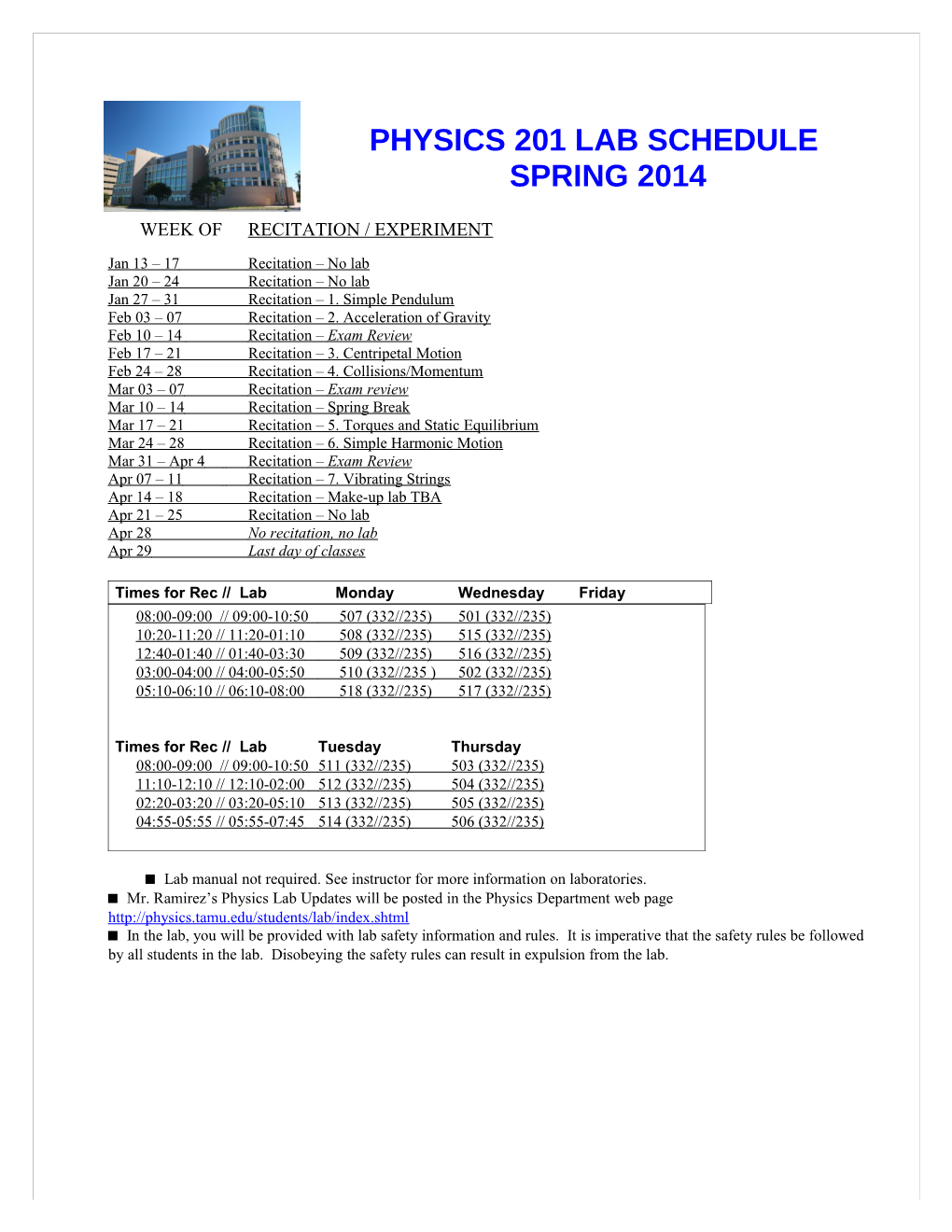 Physics 202 Laboratory Schedule