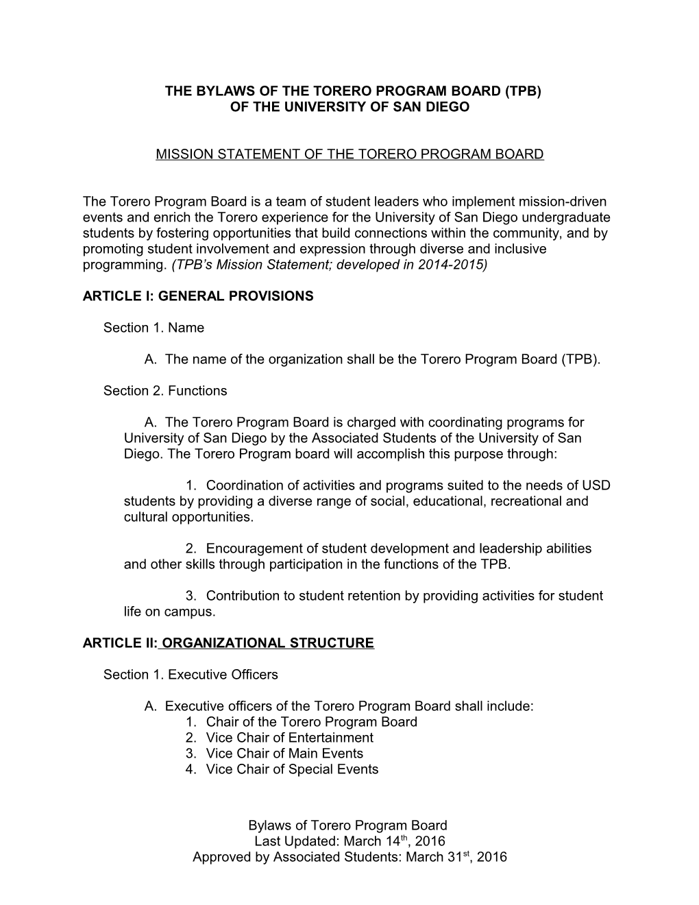 The Bylaws of the Torero Program Board (Tpb)