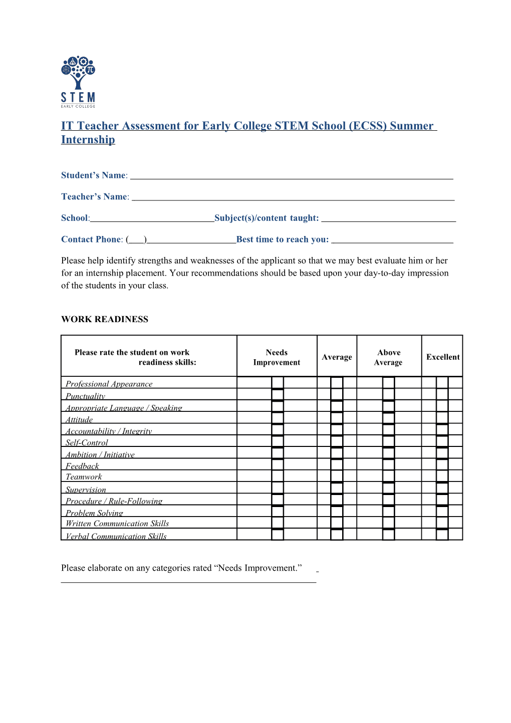 IT Teacher Assessment for Early College STEM School (ECSS) Summer Internship