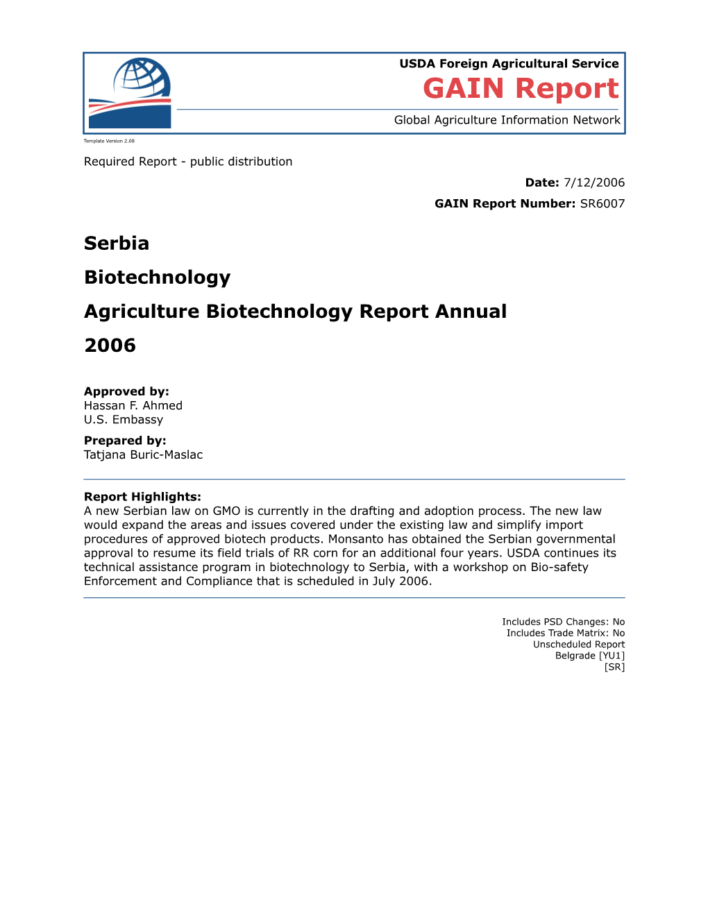 Agriculture Biotechnology Report Annual