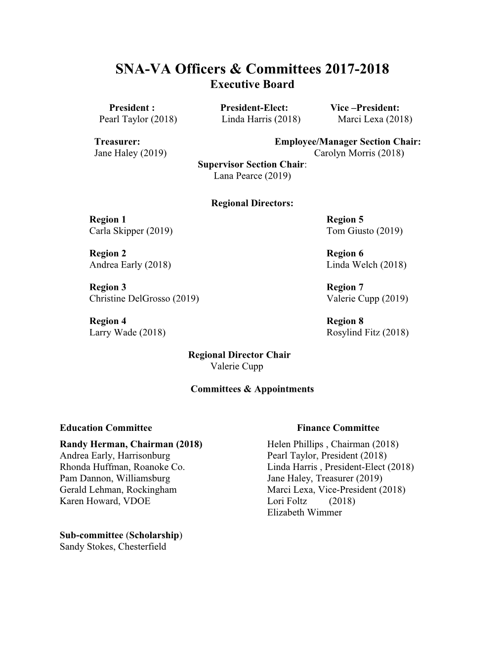 SNA-VA Officers & Committees 2017-2018