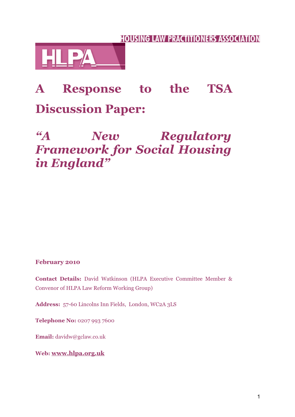 A New Regulatory Framework for Social Housing in England