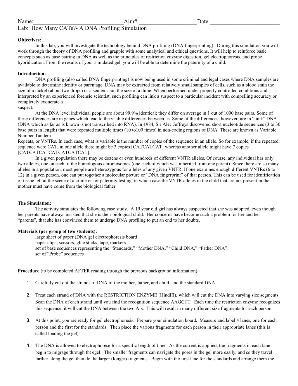 Lab: How Many Cats?- a DNA Profiling Simulation