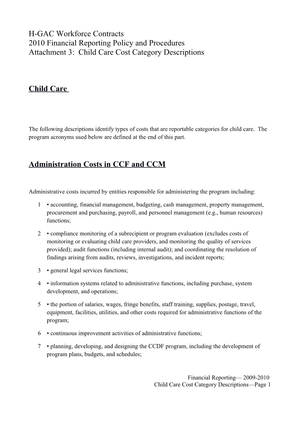 WD Letter 25-08, Attachment 2, Cost Category Descriptions (Non-Child Care)