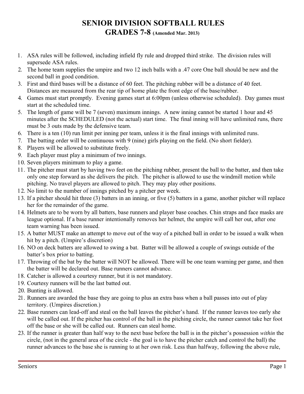 Intermediate Level Softball Rules 2004