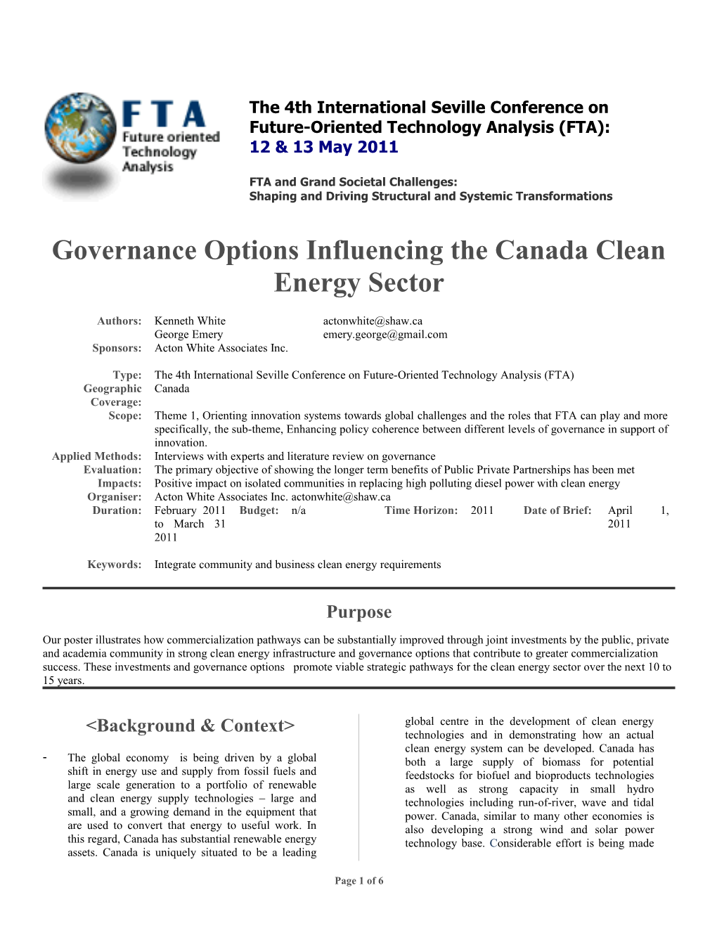 Governance Options Influencing the Canada Clean Energy Sector