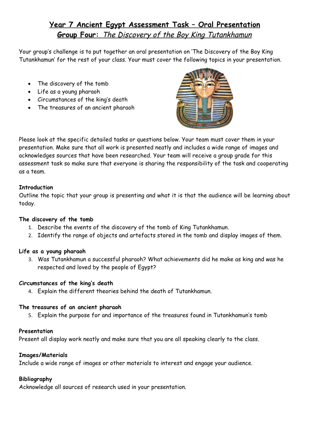 Year 7 Ancient Egypt Assessment Task Oral Presentation