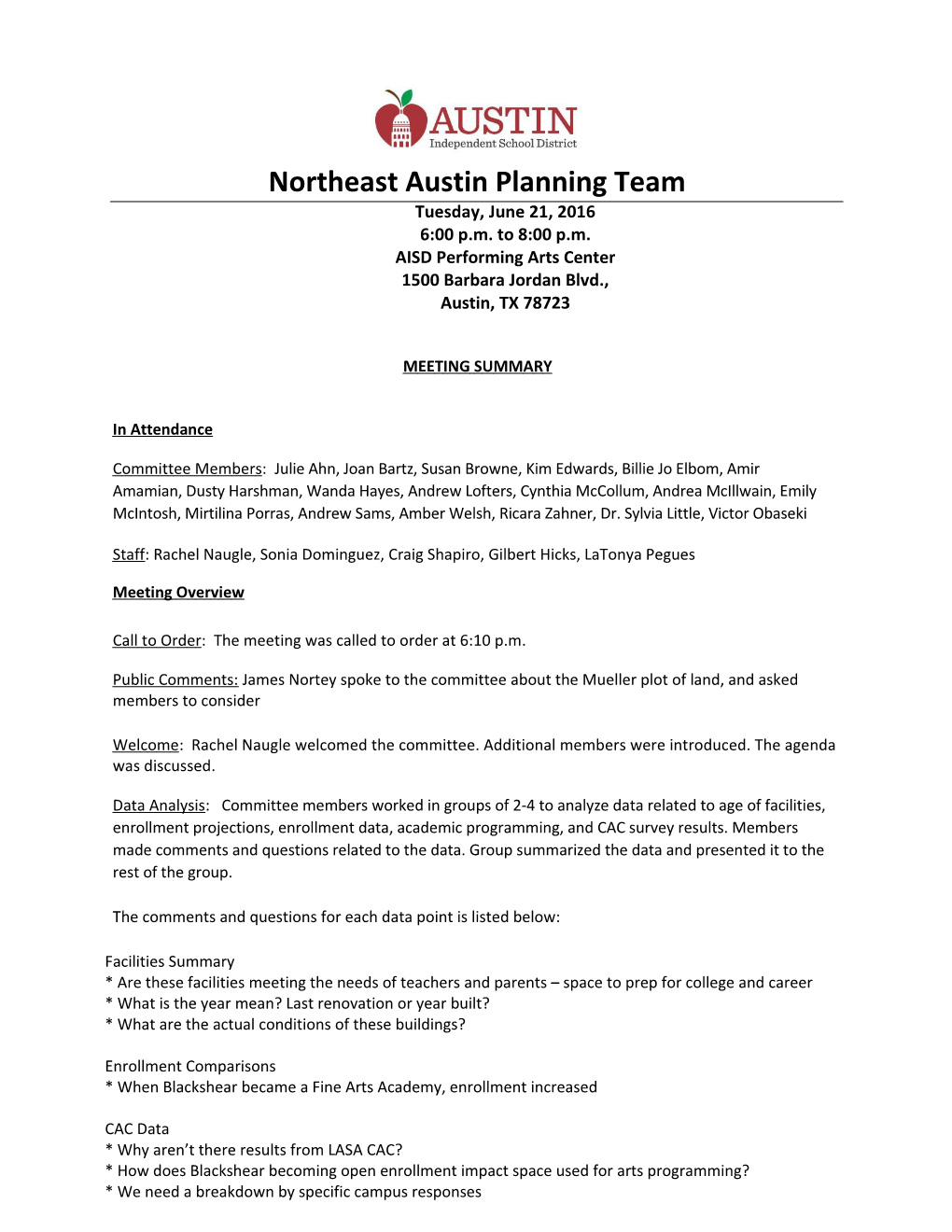 Northeast Austin Planning Team