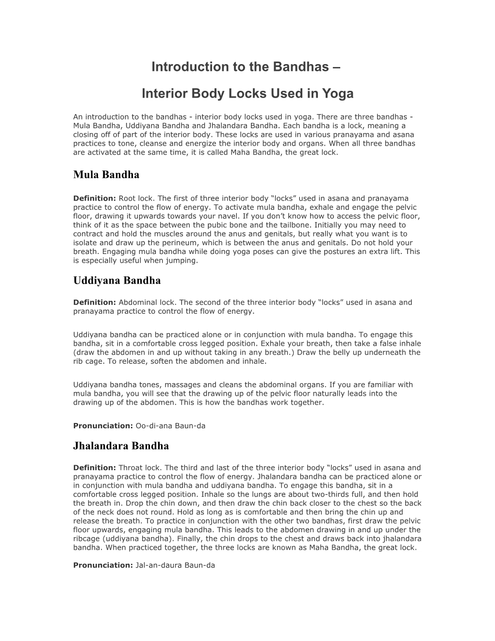 Introduction to the Bandhas - Interior Body Locks Used in Yoga