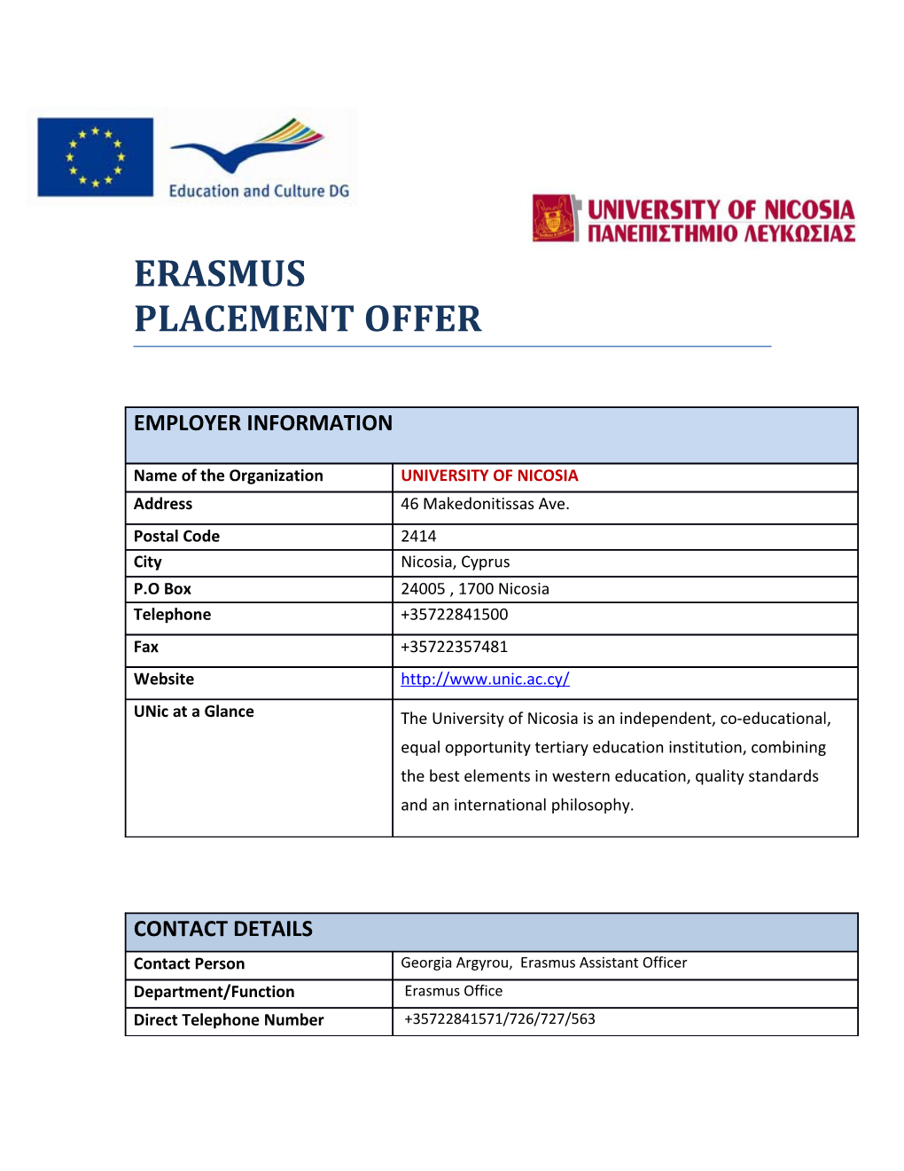 Erasmus Placement Offer
