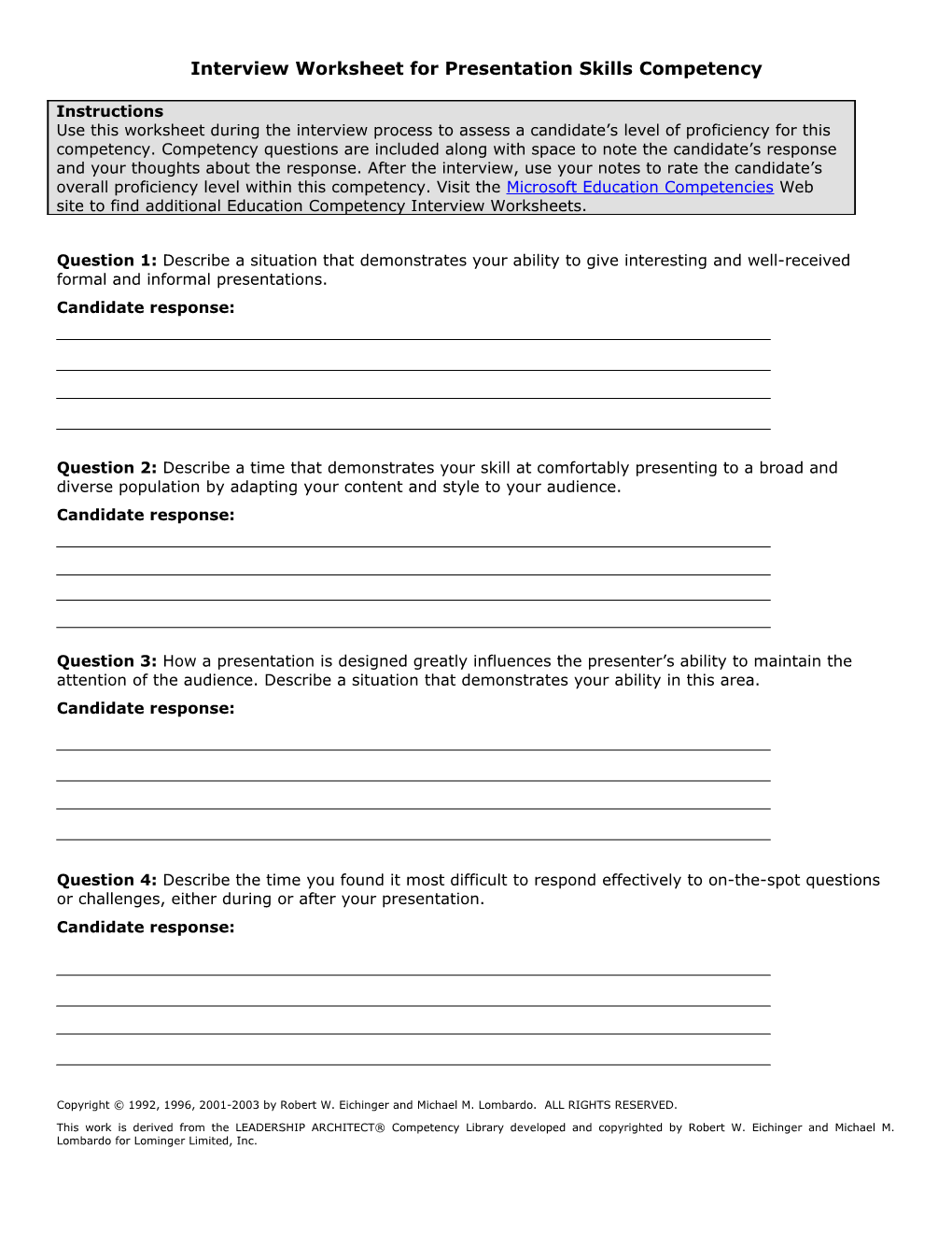 Interview Worksheet for Presentation Skills Competency
