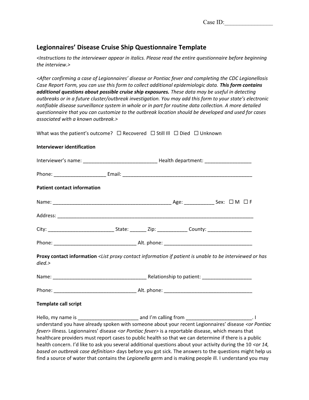 Legionnaires Disease Cruise Ship Questionnaire Template