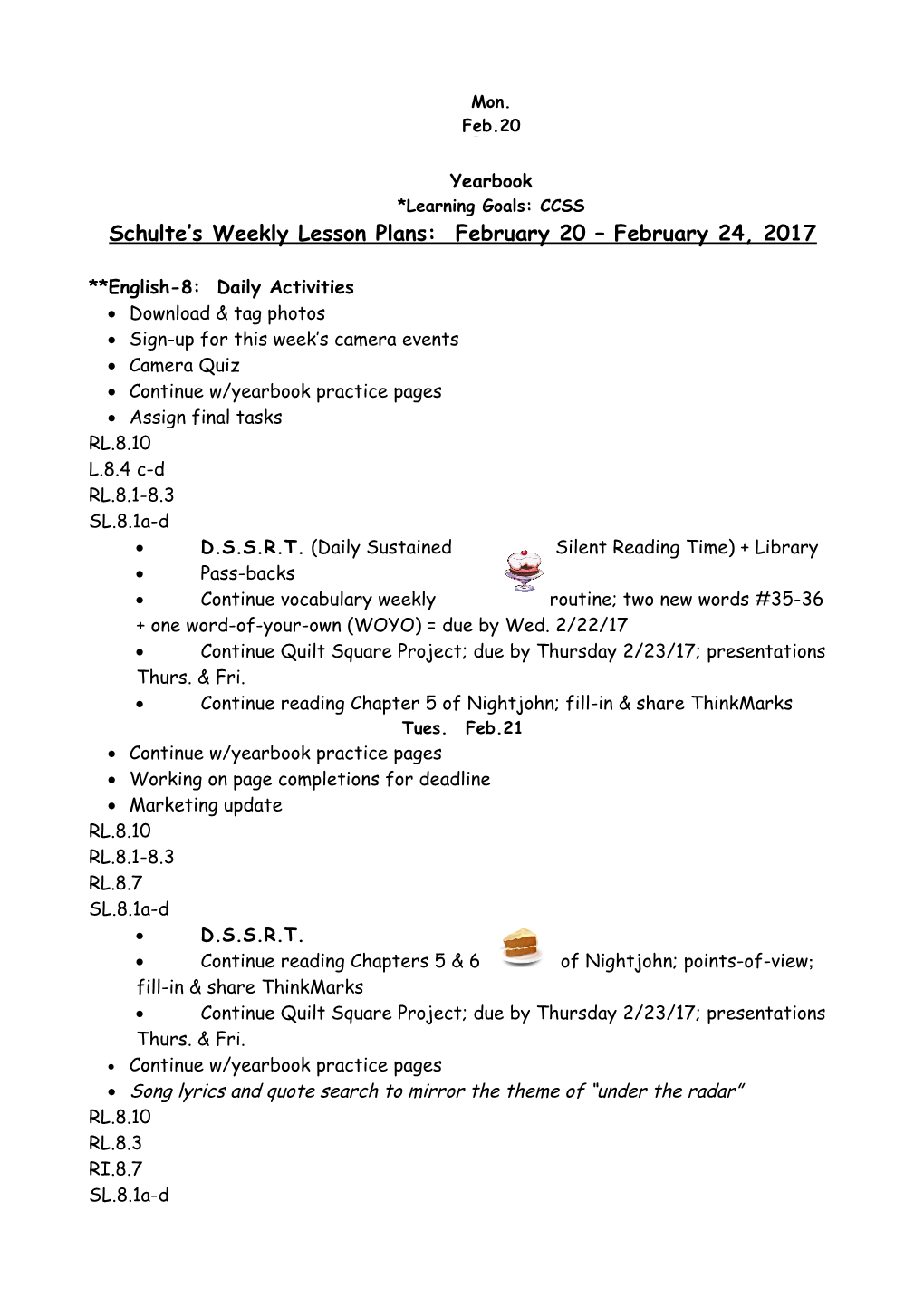 Schulte S Weekly Lesson Plans: February 20 February 24, 2017