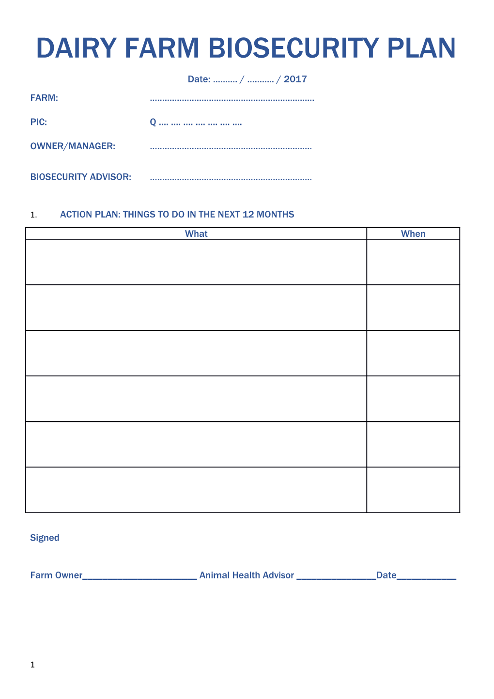 Dairy Farm Biosecurity Plan