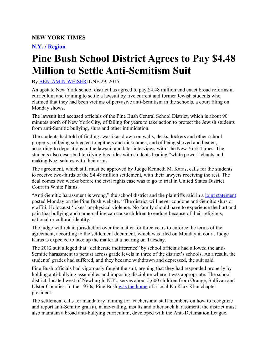 Pine Bush School District Agrees to Pay $4.48 Million to Settle Anti-Semitism Suit