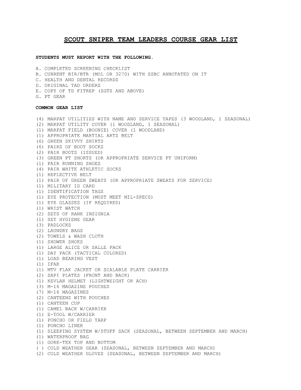 Scout Sniper Team Leaders Course Gear List