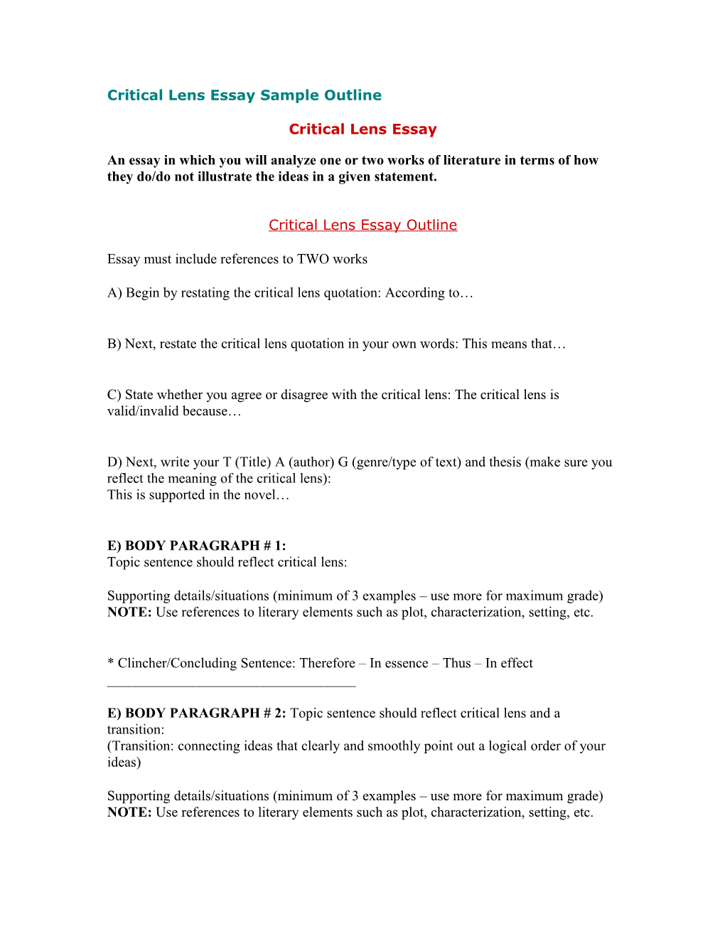 Critical Lens Essay Sample Outline