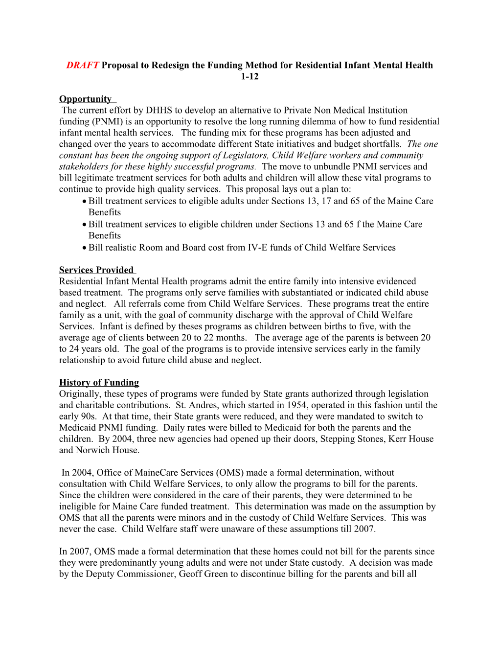 DRAFT Proposal to Redesign the Funding Method for Residential Infant Mental Health