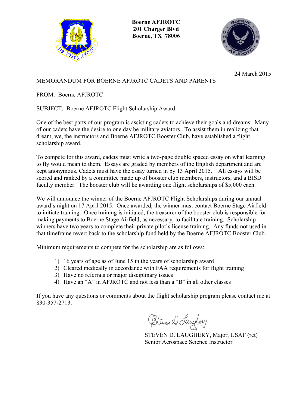 Memorandum for Boerne Afjrotc Cadets and Parents