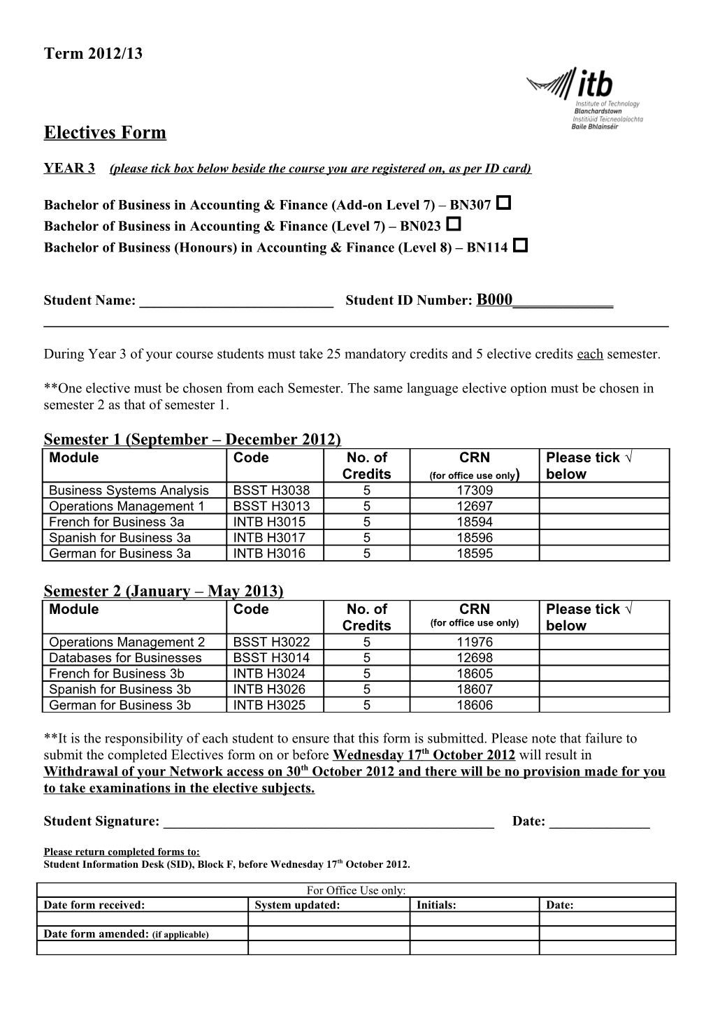 YEAR 3 (Please Tick Box Below Beside the Course You Are Registered On, As Per ID Card)