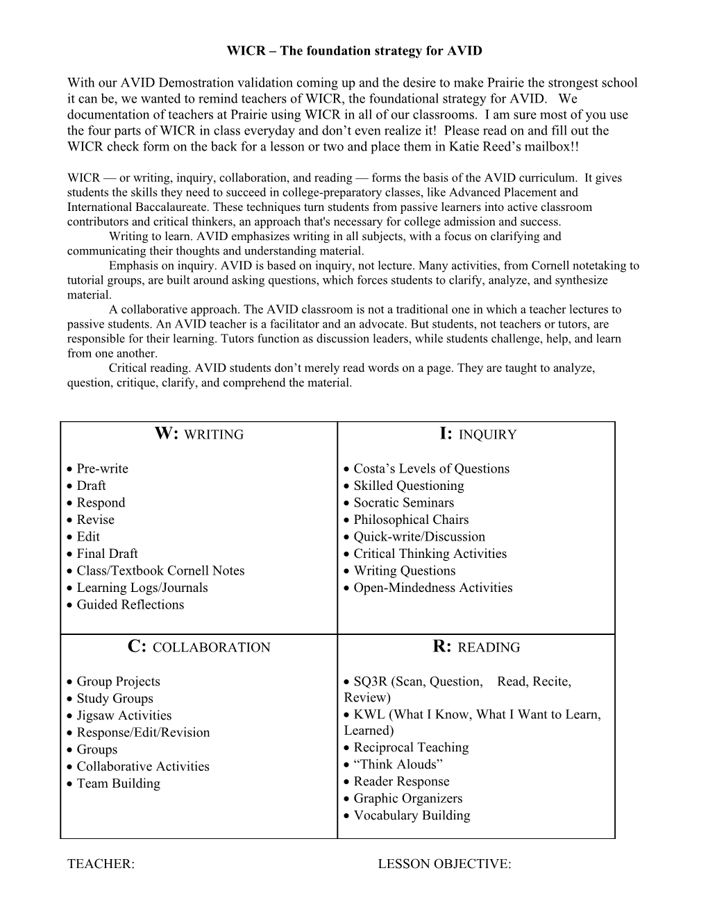 WICR the Foundation Strategy for AVID